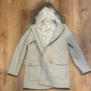 J. Crew Light Gray Coat with Faux Fur Hood